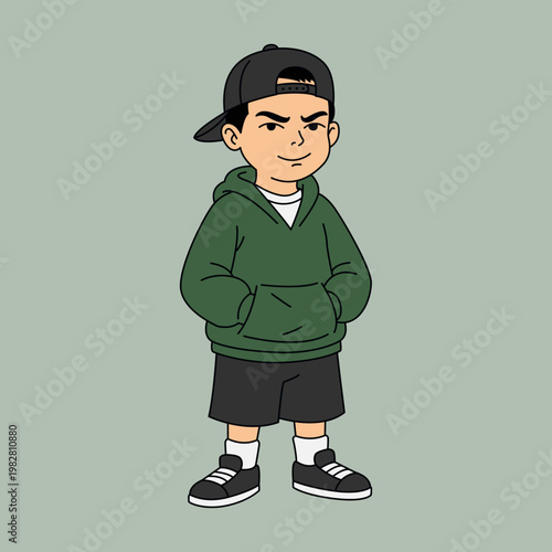 Cartoon illustration of a young male wearing green hoodie, snapback hat, and sneakers