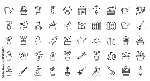 Set of Gardening and Farming Icons with Plants, Tools, and Pots Vector Illustration for Agricultural Design