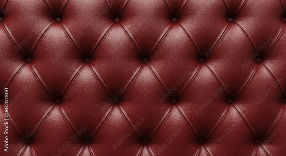 Fototapeta premium Luxurious deep red leather upholstery featuring classic tufted diamond button detailing creating an elegant background texture for interior design.