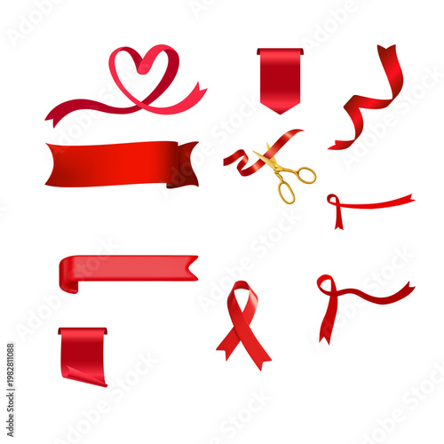 set of red ribbons, lace with hearts