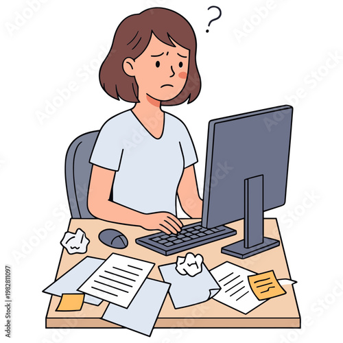 Confused woman sits at cluttered desk with computer and papers