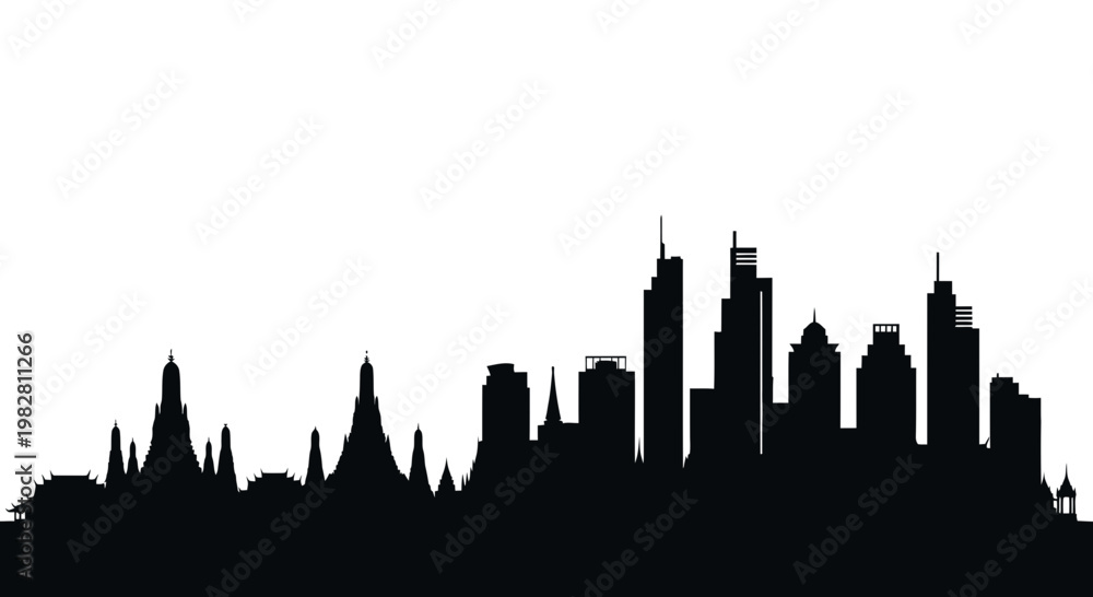 Obraz premium Bangkok Skyline Silhouette: Temples and Modern Skyscrapers