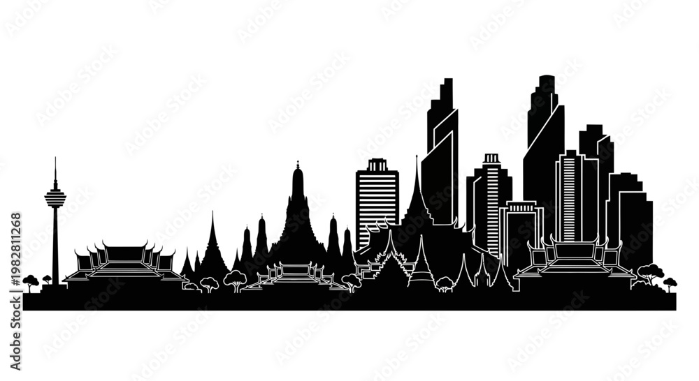 Obraz premium Bangkok Skyline Silhouette: Temples and Modern Buildings