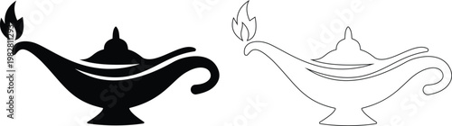 Diya lamp icon set collection group, traditional oil light, candle flame, festival diya, decorative lamp symbols in black flat and line style vector, celebration lighting icons pack