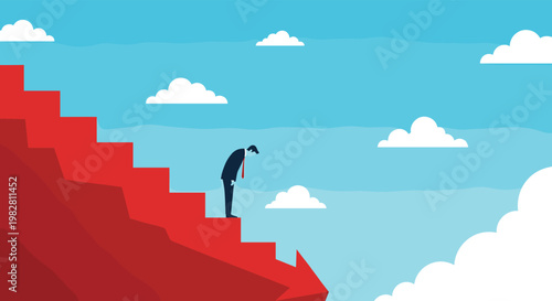 Disappointed businessman stands on a red downward stepping arrow looking discouraged by a significant decrease in performance.