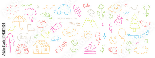 Colorful hand drawn kid doodles and cute symbols. Creative set of childish sketches featuring animals, nature, and weather for playful design. Vector Illustration.