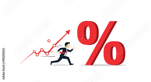Businessman runs at full speed toward a large red percentage symbol next to a rising line graph representing financial growth.