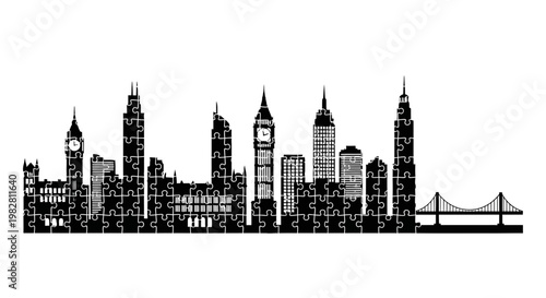 Cityscape puzzle silhouette, London and New York skyline