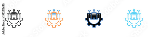 Smart city building and industrial gear icon set with wireless signals. Collection of telecommunication and urban infrastructure maintenance symbols. Vector Illustration.
