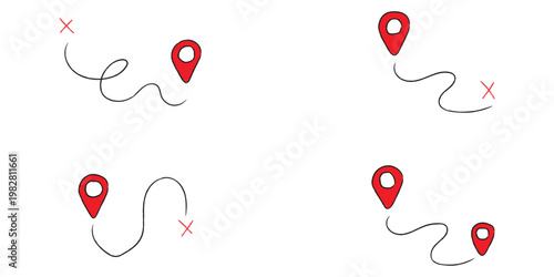 Hand drawn doodle set of navigation map markers and route paths. Creative collection of location pins and destination symbols for travel design. Vector Illustration.