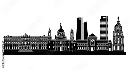 Cityscape Silhouette: Madrid Skyline with Iconic Buildings