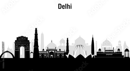 Delhi Skyline Silhouette: Iconic Landmarks in Black and White