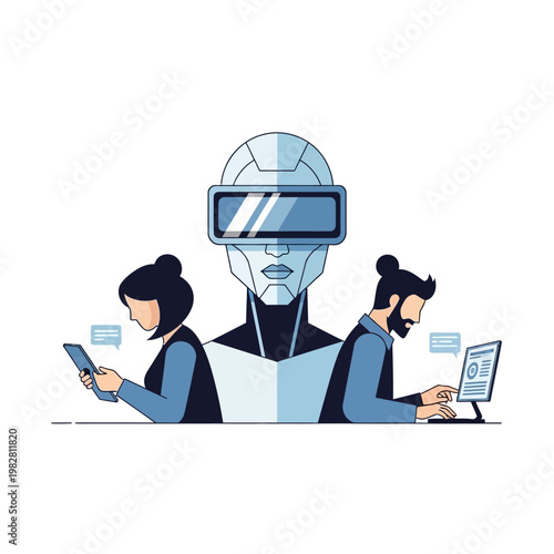 Robot with VR headset overseeing people working on laptops and phones, AI concept