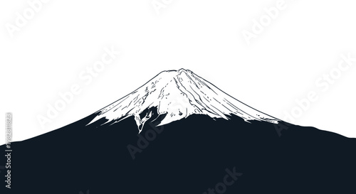 Iconic Mount Fuji volcano in Japan, a majestic snow-capped peak, symbolizing nature and adventure, rendered in a minimalist graphic style.