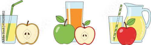 Apple Juice and Fresh Fruit Illustration Set with Green, Red, and Yellow Apples for Food, Drink, and Healthy Lifestyle Designs