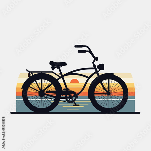 Silhouette of a cruiser bicycle against a retro sunset beach scene with ocean waves