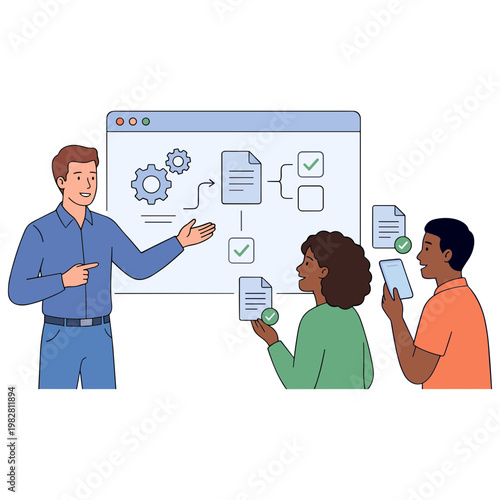 Three people are discussing a flowchart on a large computer screen