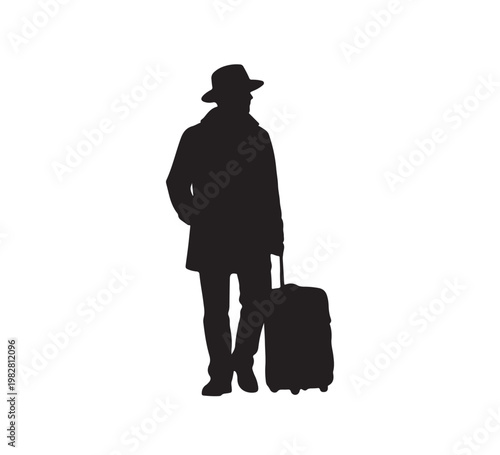 Classic black silhouette of a confident man in a hat and coat, pulling a rolling suitcase, embodying travel, exploration, and the journey of modern life