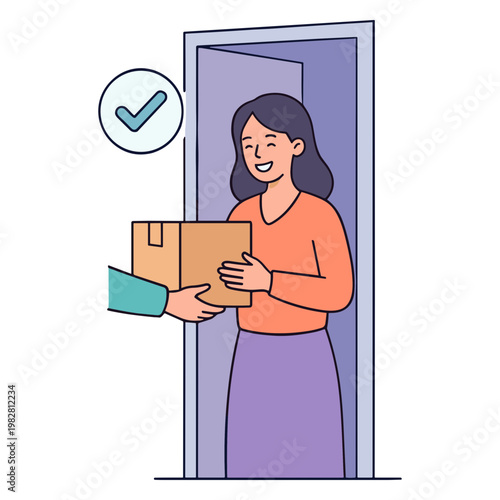 Woman receives package from courier at doorway with verification