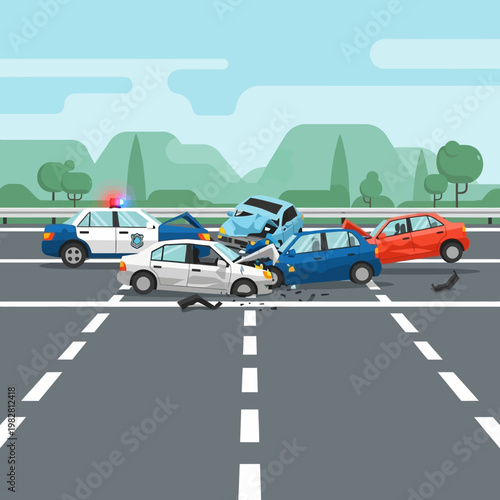 Multi-car accident scene with police car, traffic crash on highway, emergency response