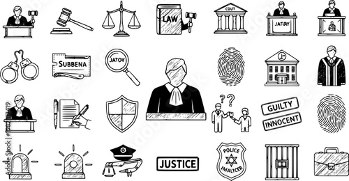 Black and White Line Art Icons of Law and Justice: Judge, Gavel, Scales, Courtroom, Fingerprints, Verdict, and More