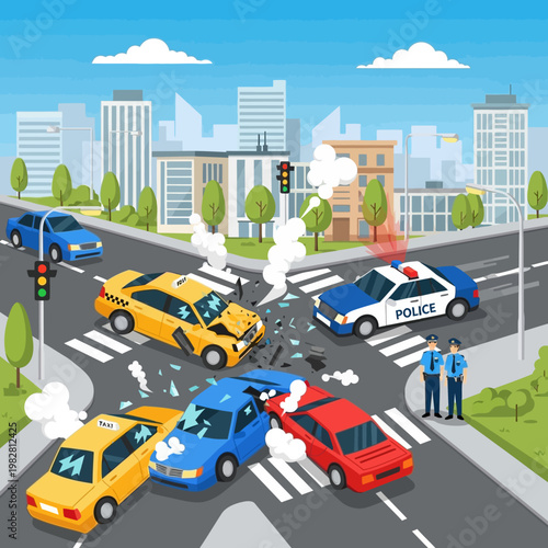 Multi-car accident at city intersection with police responding