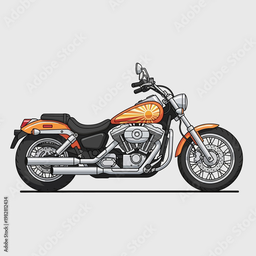 Orange cruiser motorcycle with sun graphic on gas tank, side view, clean background