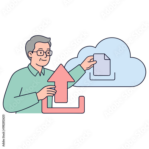 Man uploading document from laptop to cloud storage service