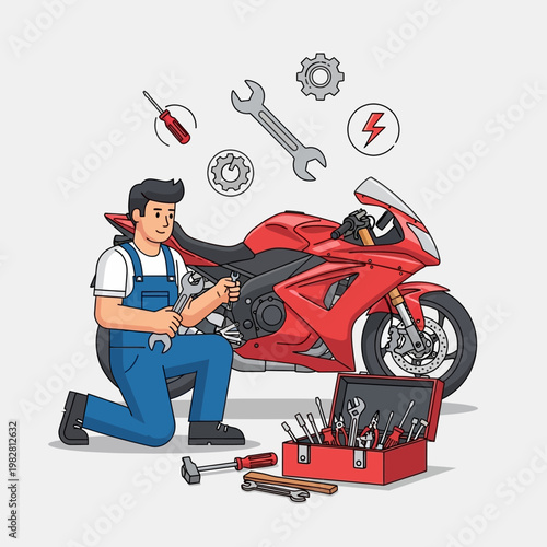 Motorcycle Mechanic Working on a Red Sportbike with Tools