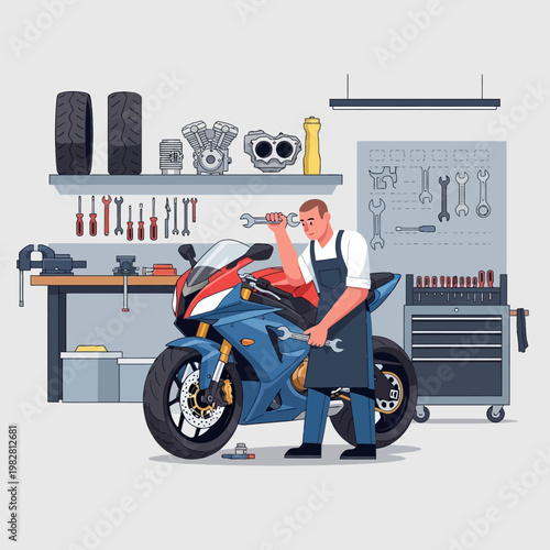 Motorcycle mechanic working on a sportbike in a workshop, tools and parts visible