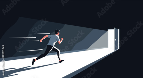 Ambitious businessman runs fast through a dark corridor toward a bright open doorway at the end of the path representing success.
