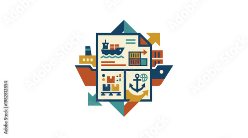 Icon of Marine Navigation and Anchor Symbols for Maritime and Shipping Concepts