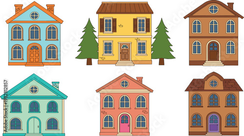 Colorful Residential Houses Illustration Set Featuring Suburban Homes, Classic Architecture, Pine Trees, and Exterior Building Designs for Real Estate Concepts in Flat Vector Style.