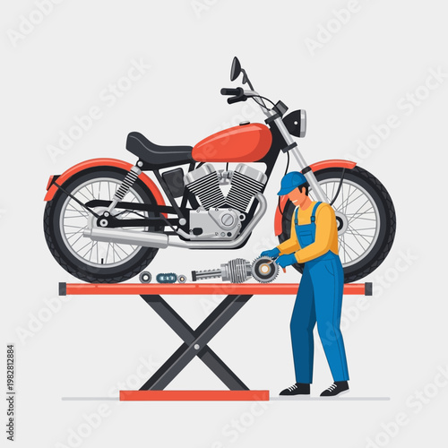 Motorcycle Mechanic Working on Motorcycle Engine on Lift
