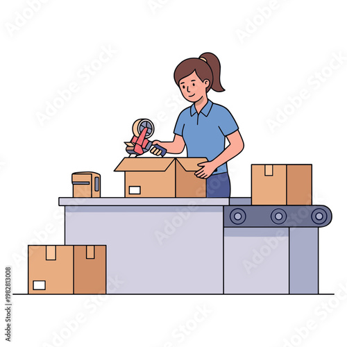 Woman packing boxes on a conveyor belt with a tape dispenser
