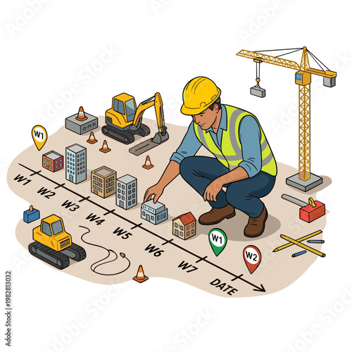 A construction worker builds with blocks on a site plan near heavy machinery.