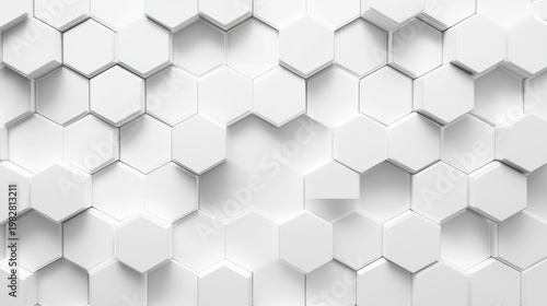 White 3D hexagonal tile pattern with varying heights and soft shadows, minimalist geometric abstract background conveying calm modern mood