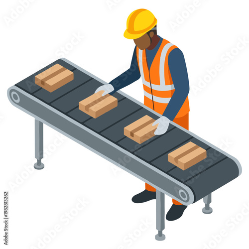 A worker in an orange vest places bricks on a conveyor belt in a factory setting.