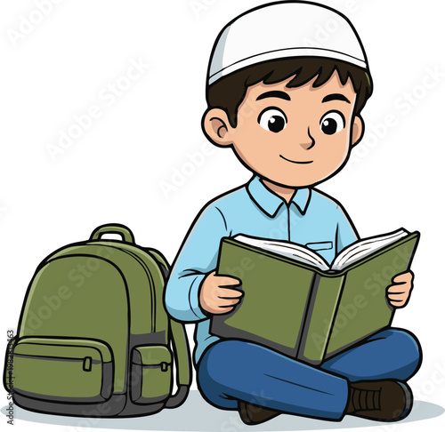Muslim Boy Reading a Book While Sitting Next to His Backpack in a Cartoon Illustration