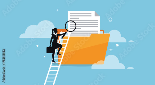 Businesswoman climbs a ladder to look through a giant orange folder using a magnifying glass for research and data investigation.