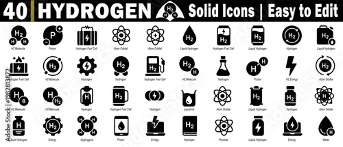 Set of hydrogen icons. Representing the H2 molecule for energy and fuel cell technology innovation, future power concept vector illustration.