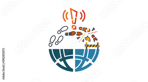 Icon of Earth Globe with Alert Exclamation Mark and Gears for Global Technology and Security