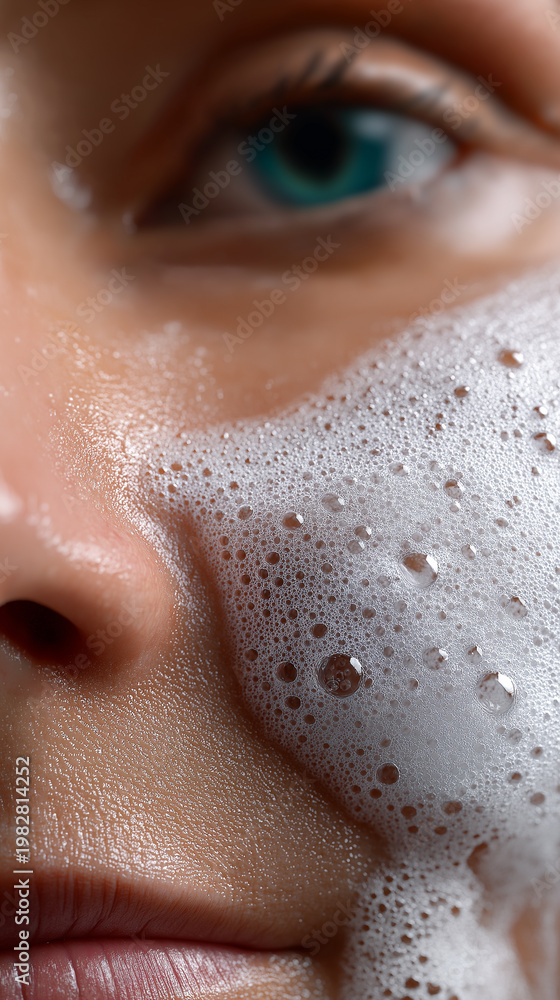 Fototapeta premium Close-up of woman face with cleansing foam on skin representing skincare routine and facial treatment.