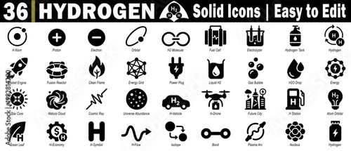 Hydrogen atom science symbol. Collection of H icon for energy and fuel cell technology, innovation, and clean future power vector illustration.