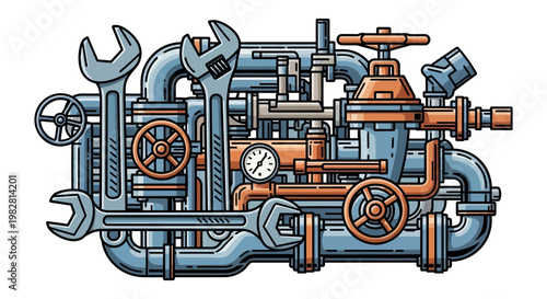 Intricate industrial plumbing system with pipes, valves, gauges, wrenches