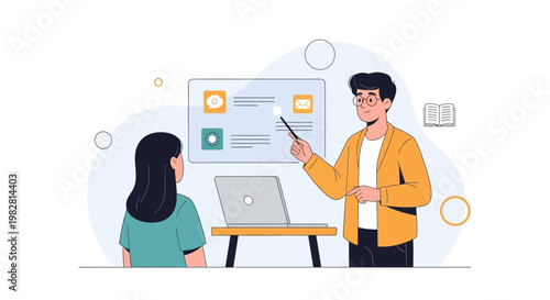 Teacher Explaining Lesson to Student with Laptop and Presentation Board