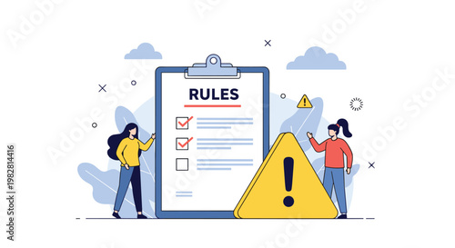 Two women discuss office policies and regulations next to a giant rules checklist on a clipboard for compliance and management.