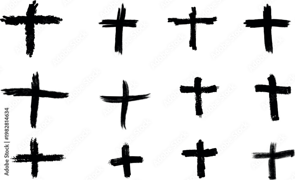 Fototapeta premium Grunge Brush Cross Set – Black Ink Hand Drawn Cross Symbols Collection