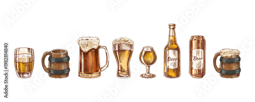 Hand drawn vintage sketch set of various beer glasses mugs and bottle isolated illustration in warm golden tones