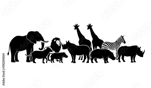 Wild Animal Silhouettes Group Standing Together Minimal Black Shape Vector Illustration Collection